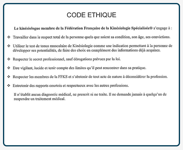 Code éthique et déontologie du Kinésiologue : Kinésiologie & Magnétisme Montpellier